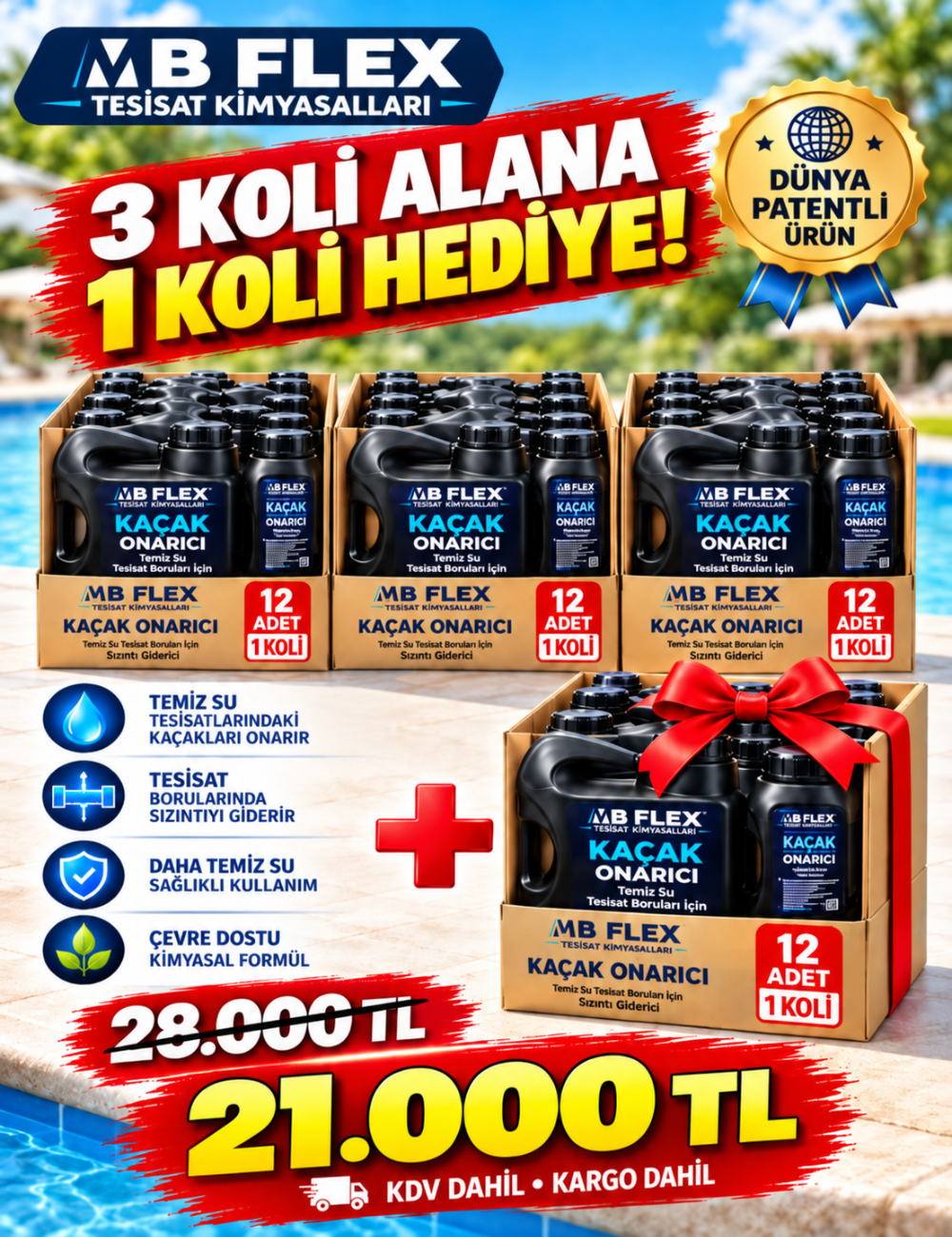 Temiz Su Kaçak Onarım Kimyasalı 3+1 Kampanyası (1 Lt x 48 Ad.)