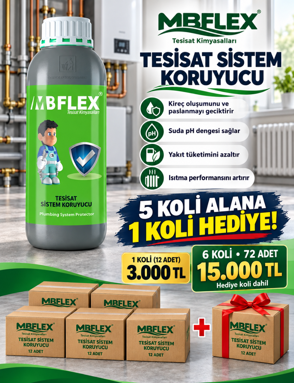 Tesisat Sistem Koruyucu 5+1 Koli Kampanyası (1 LT x 72 Adet)