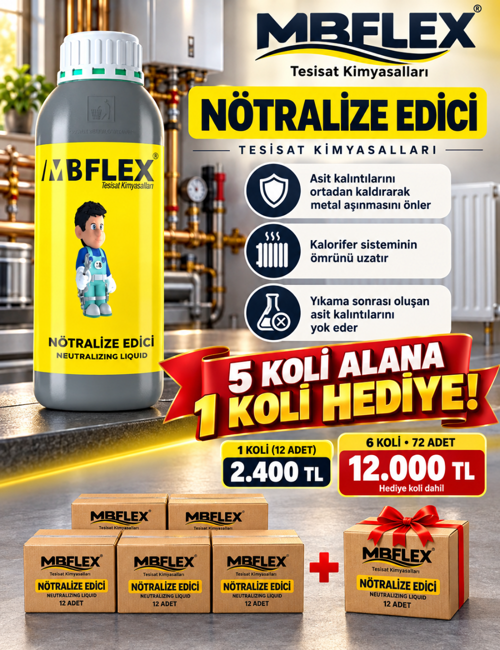 Asit Nötralize Edici (Asit Sıfırlayıcı) 5+1 Koli Kampanyası (1 LT x 72 Adet)