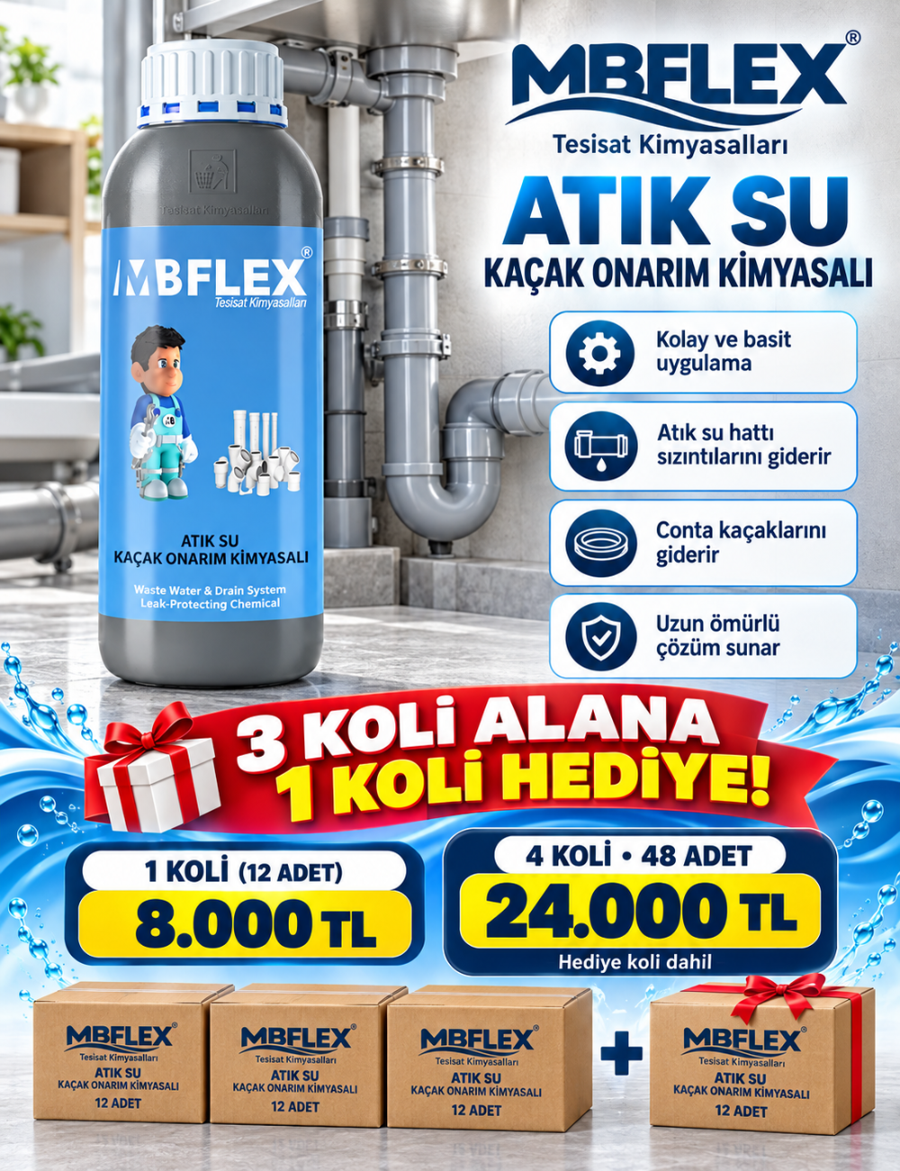 Atıksu Borusu Sızıntı Onarım Kimyasalı 3+1 Koli Kampanyası (1 LT x 48 Adet)