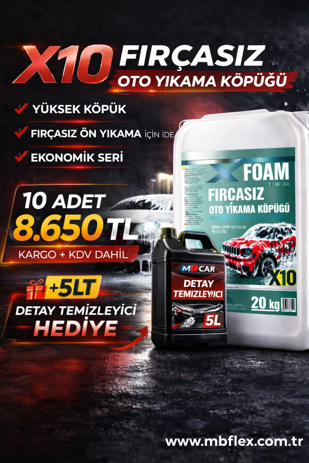 X10 Fırçasız Cilalı Oto Köpüğü 20 KG x 10 Adet Kampanya Paketi