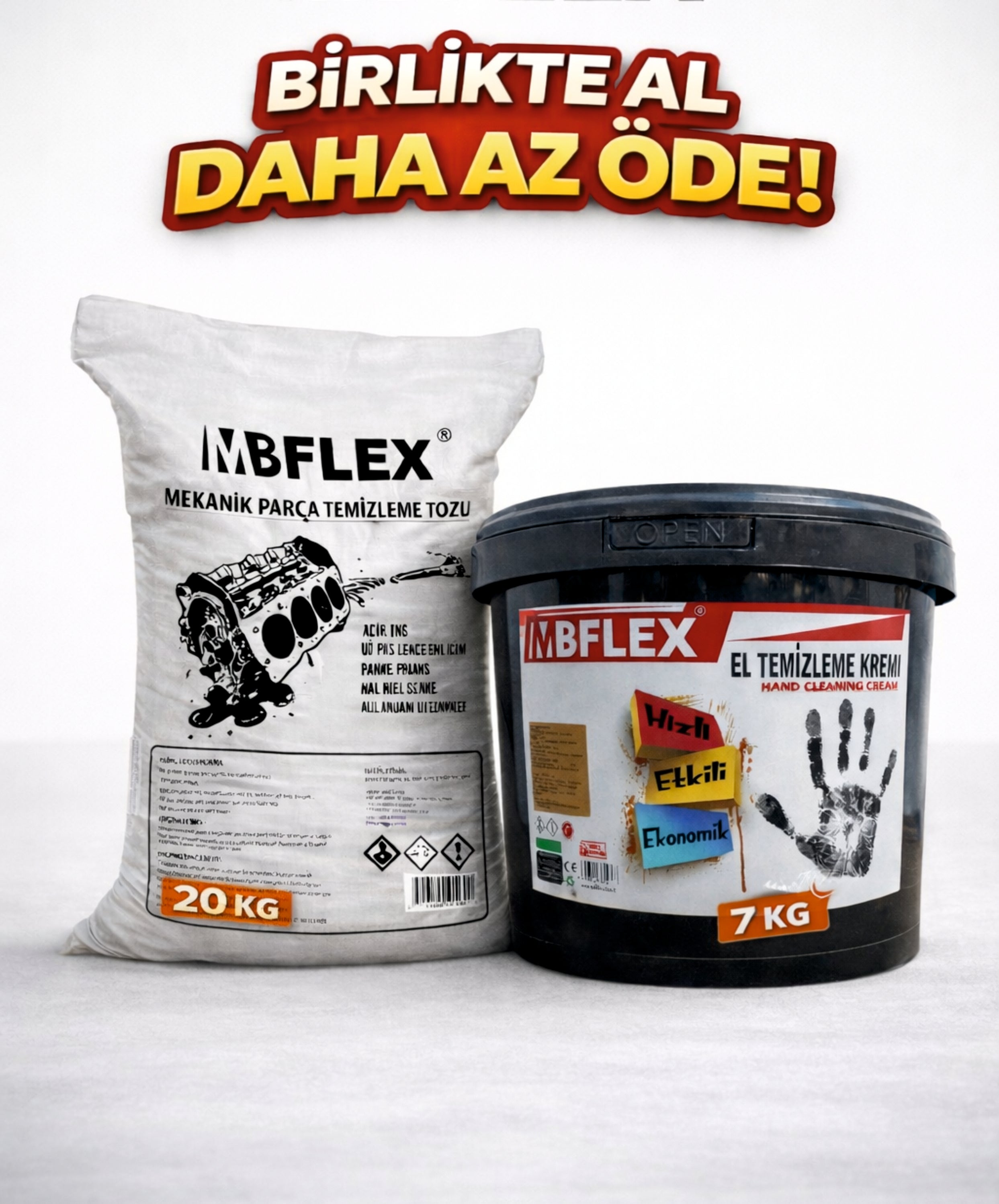 MBFLEX Sanayi 20 KG Mekanik Parça Yıkama Tozu + 7 KG El Temizleme Kremi Avantaj Seti