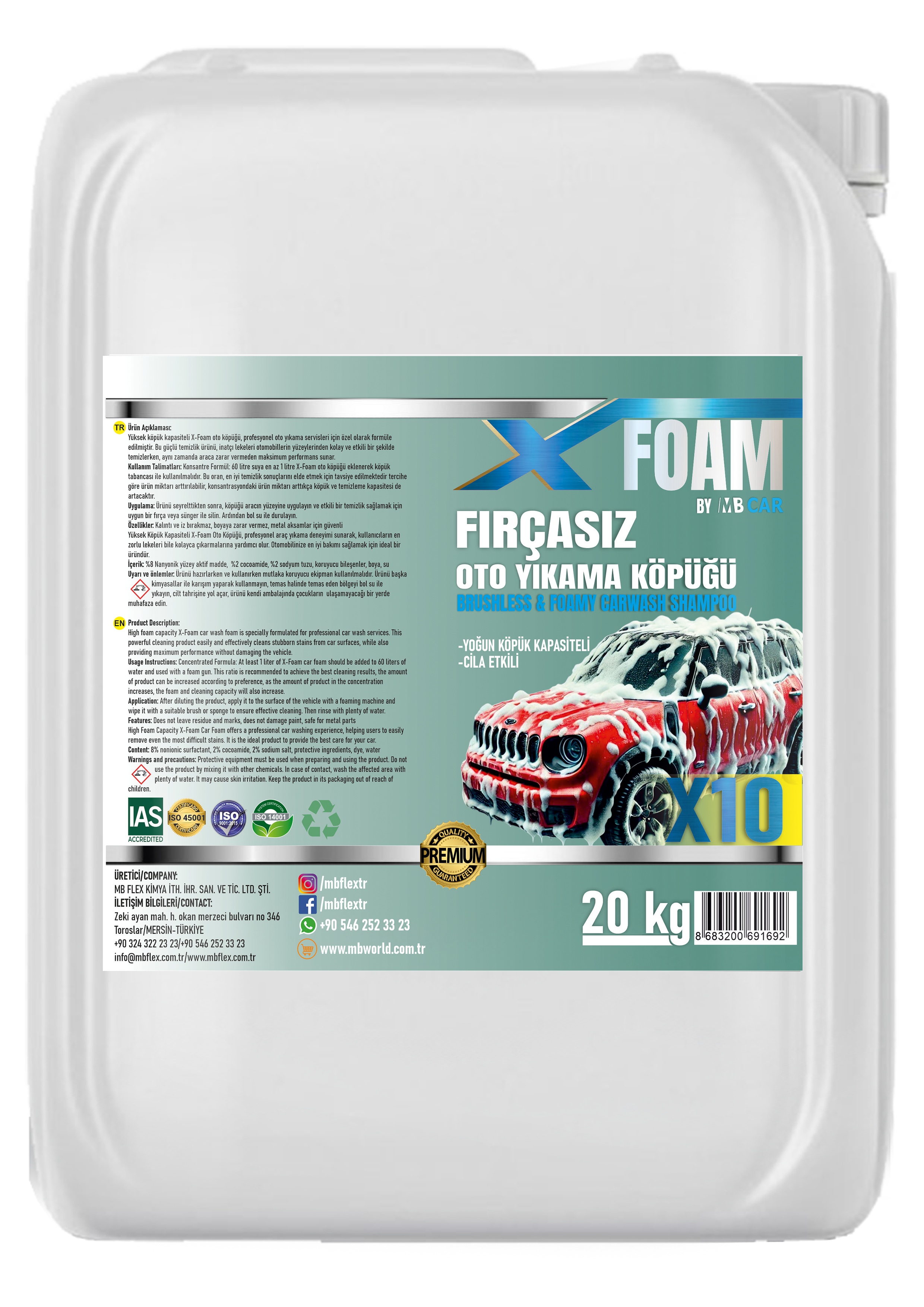 X10 Fırçasız Cilalı Oto Köpüğü 20 KG x 10 Adet Kampanya Paketi