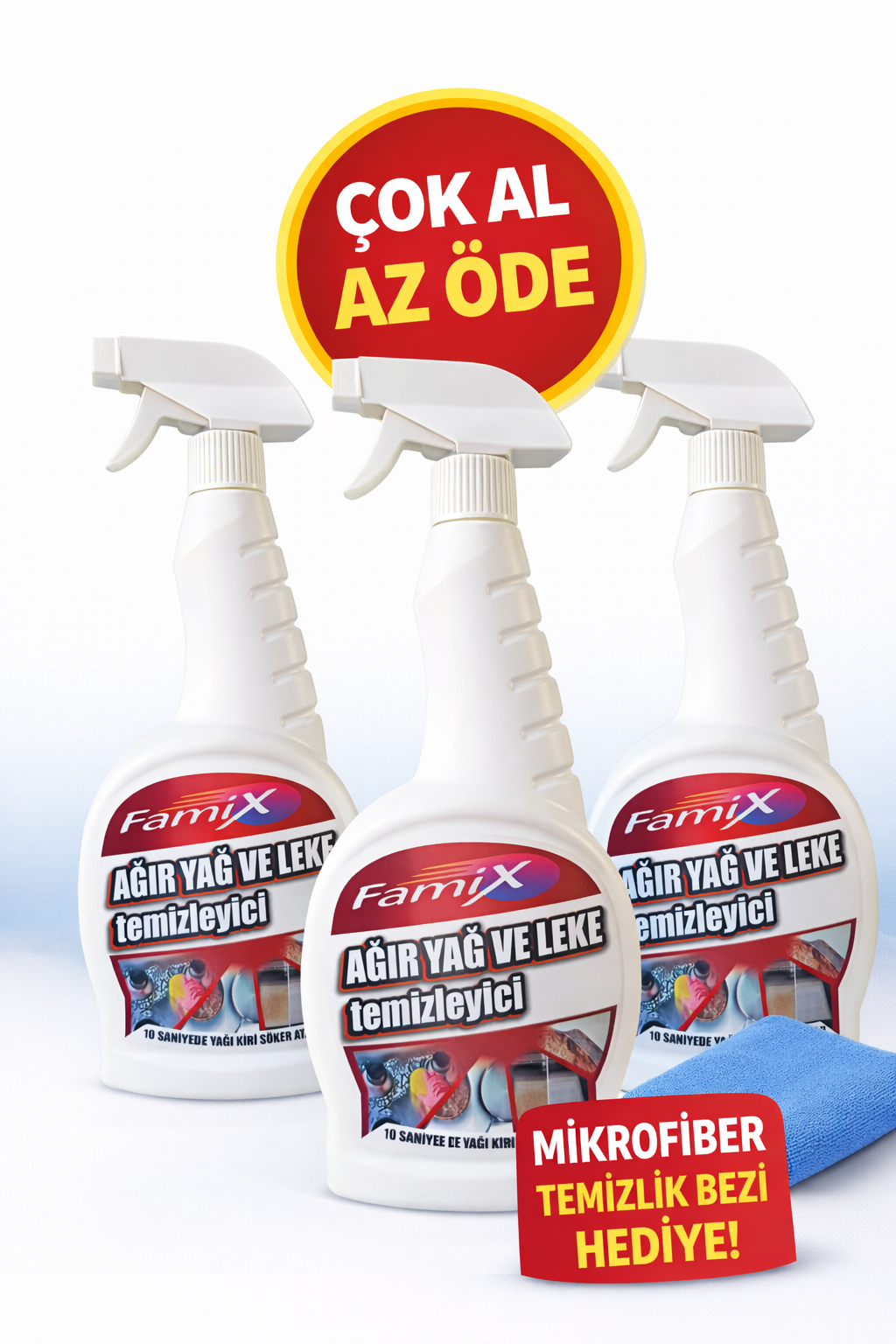 Ağır Yağ ve Leke Temizleyici 3 lü Fırsat Paketi +Mikrofiber Temizlik Bezi Hediyeli